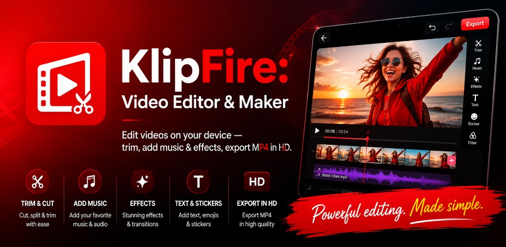 KlipFire video editor — trim, music, effects, text and HD export on Android